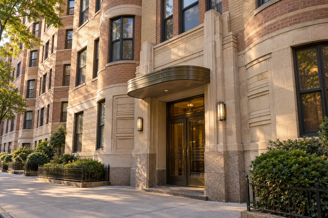 Illustration of a Bronx-inspired Art Deco apartment entrance in warm brick and limestone