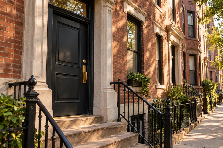 Illustrative close view of a brick building entrance with a dark door and warm metal hardware